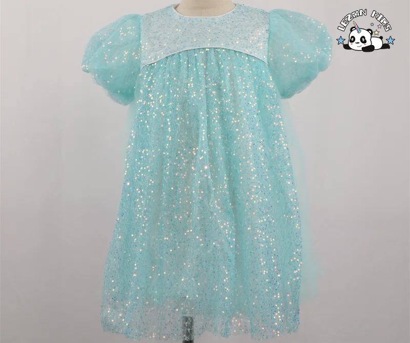 LEZONKIDS - Hot Selling Product Short Puff Sleeve Sequin Patches Tutu Girls Dress for 2-14y Customize Dress